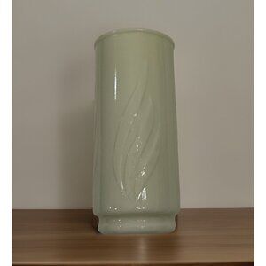 Hazel Atlas Custard Glass Floral Vase Vintage 7.5” Cylinder Vase w/ Leaf Pattern
